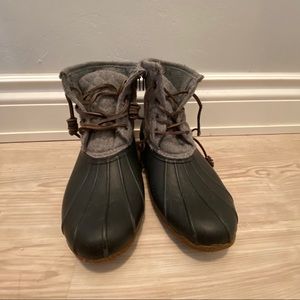 Grey and black duck boots
